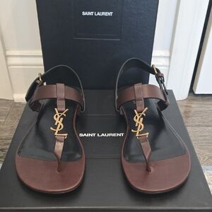 Saint Laurent Dark Brown Sandals with Gold Accent